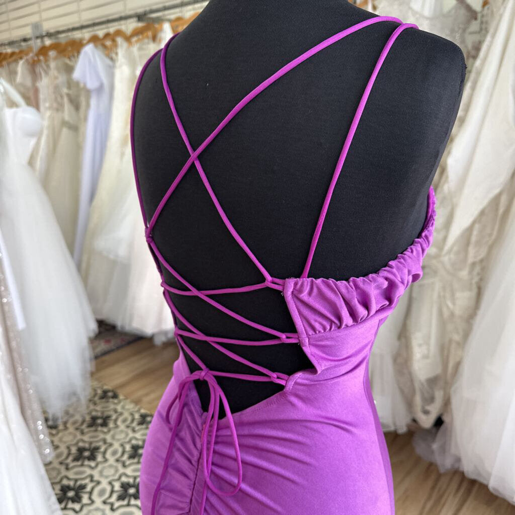 Purple V Neck Fitted Lace Up Back Long Formal Dress Large