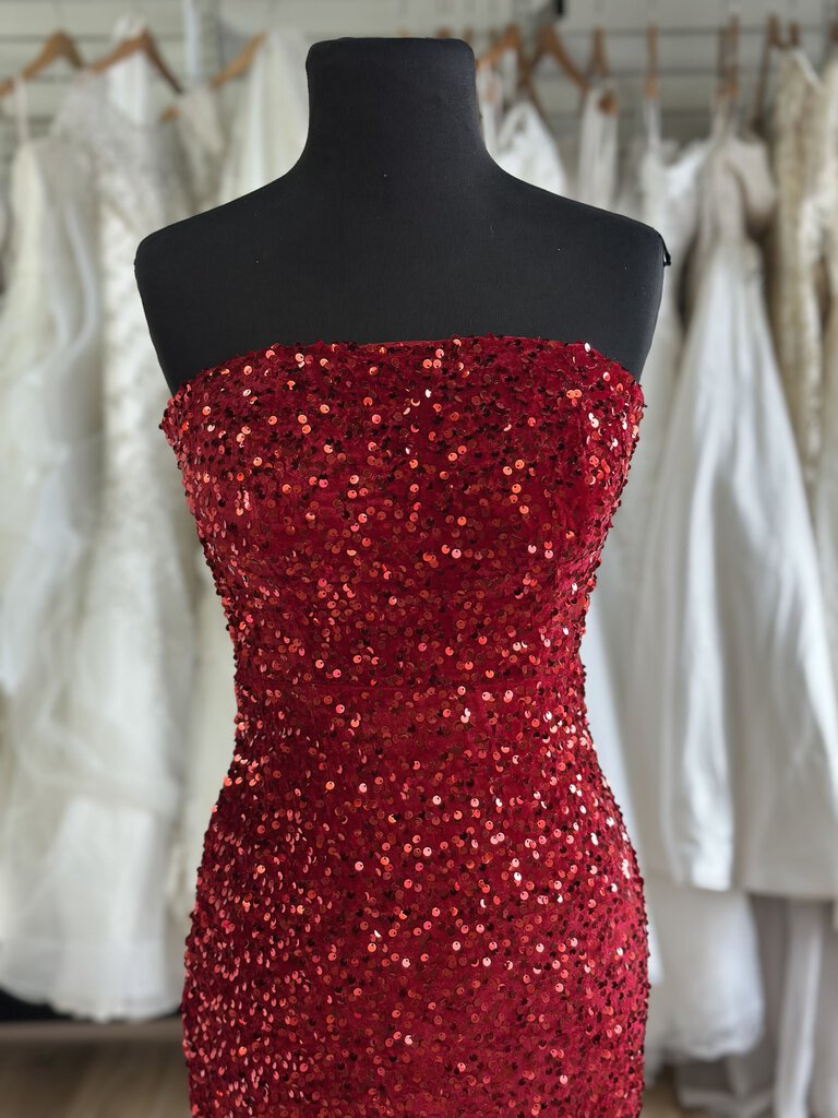 Red Strapless Sequin Fitted Long Formal Dress Small