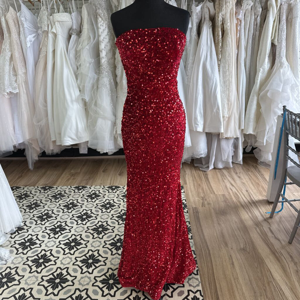 Red Strapless Sequin Fitted Long Formal Dress Small