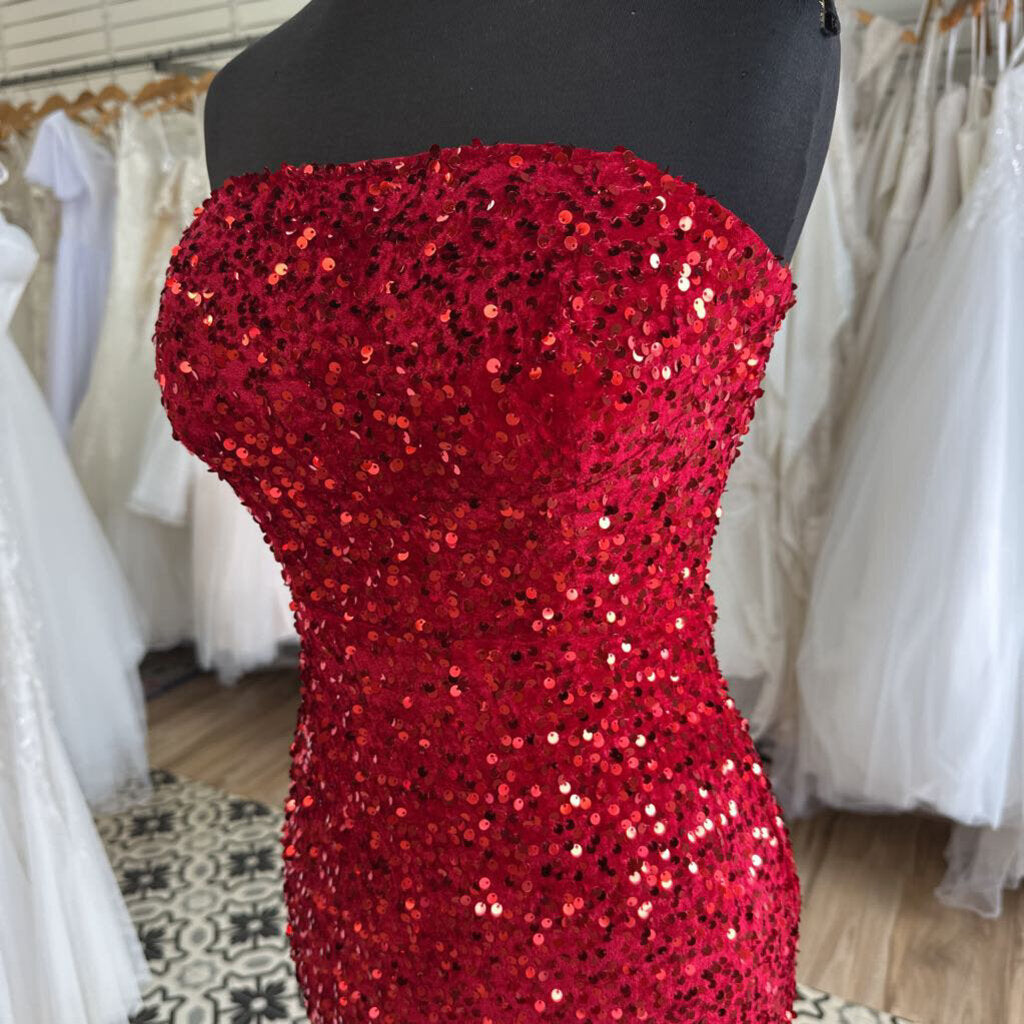 Red Strapless Sequin Fitted Long Formal Dress Small