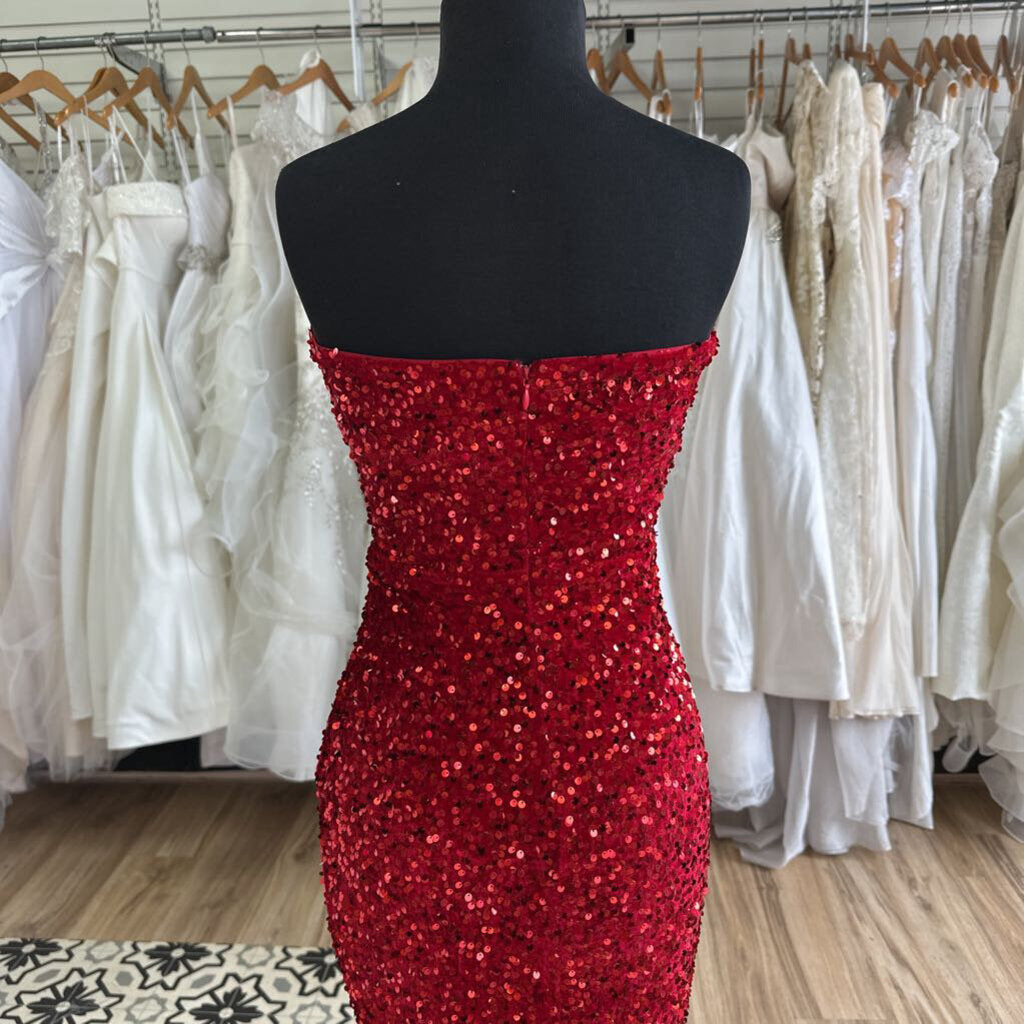 Red Strapless Sequin Fitted Long Formal Dress Small