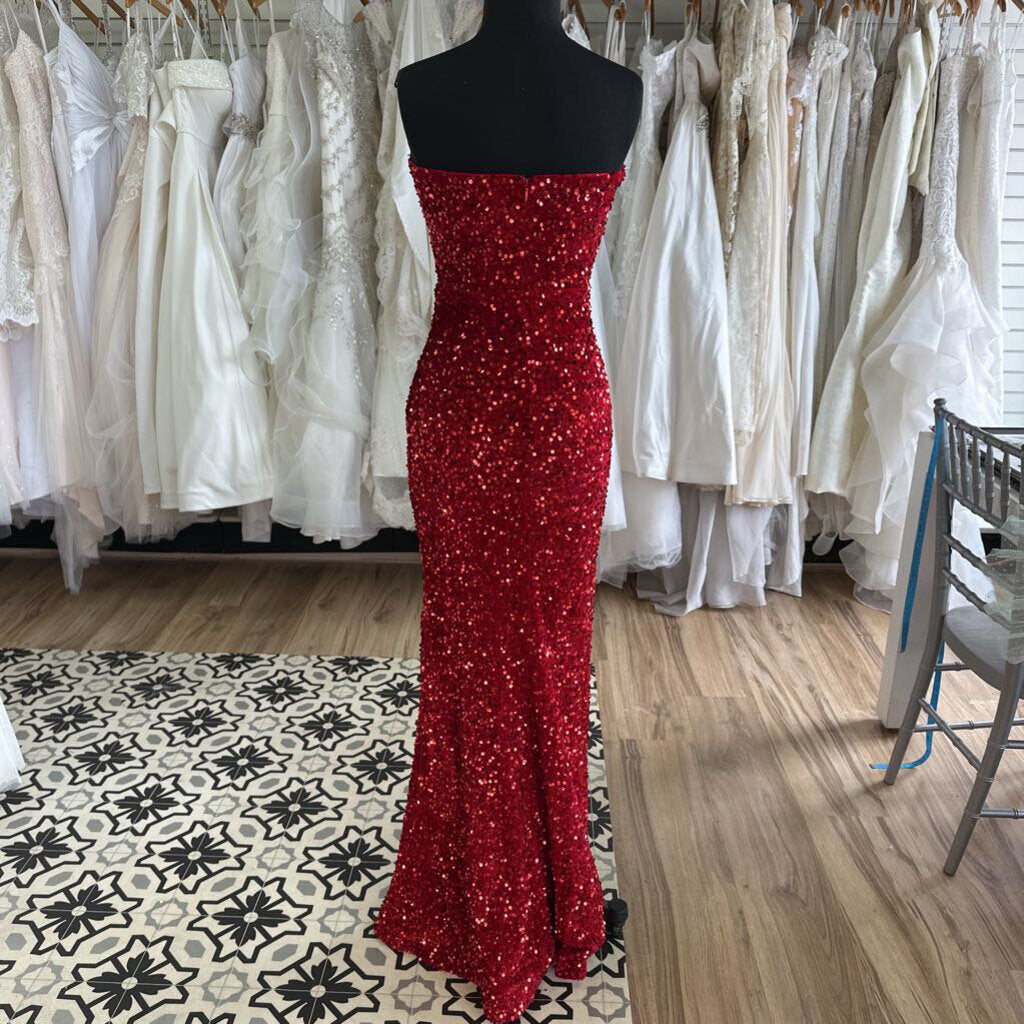 Red Strapless Sequin Fitted Long Formal Dress Small