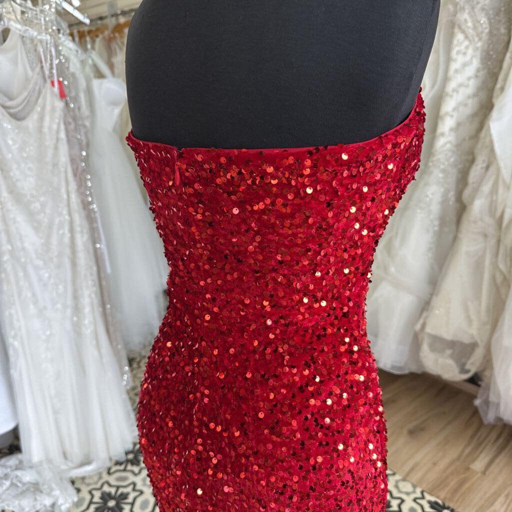 Red Strapless Sequin Fitted Long Formal Dress Small