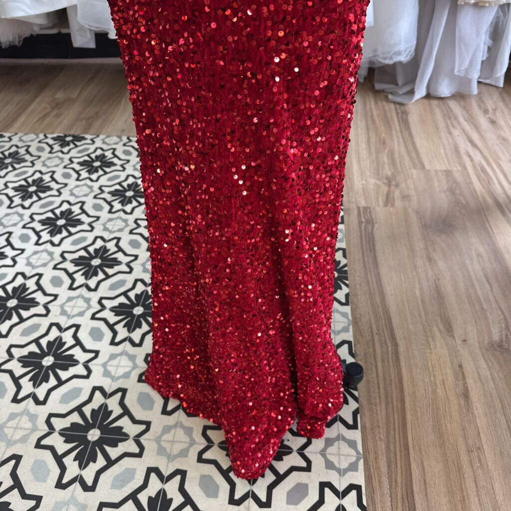 Red Strapless Sequin Fitted Long Formal Dress Small