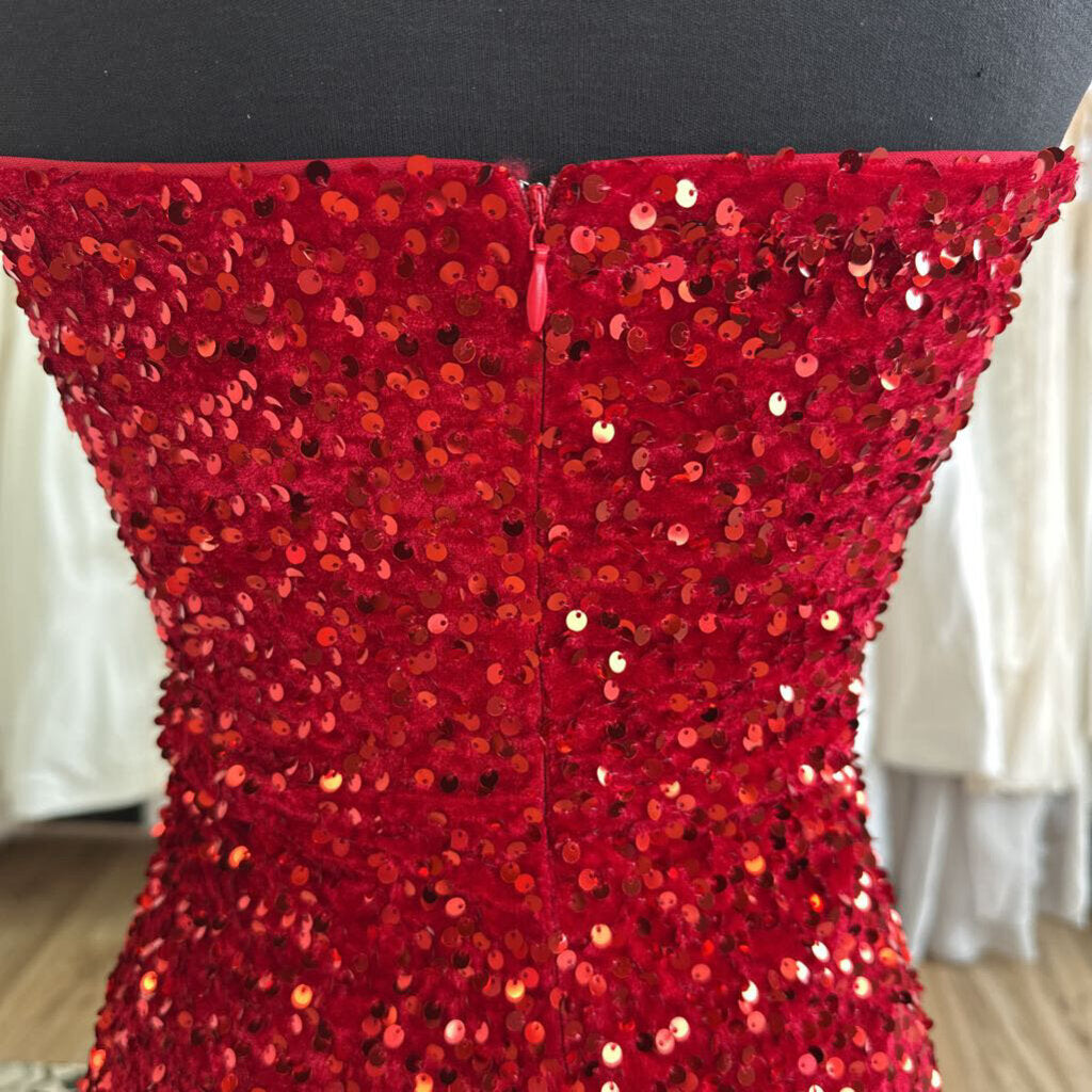 Red Strapless Sequin Fitted Long Formal Dress Small