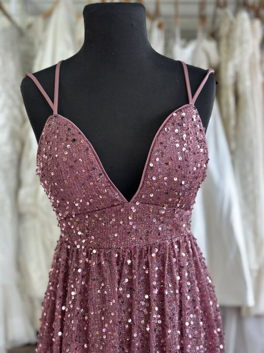 Mauve Pink Sequin Lace Up Back Long Formal Dress Extra Small