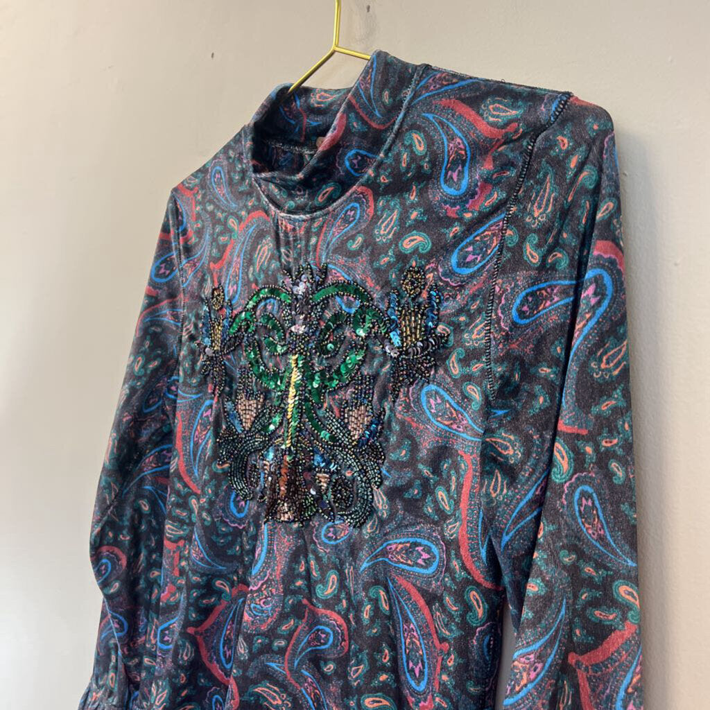 We The Free Black/ Multi Paisley Print Embellished Long Bell Sleeve Top Medium