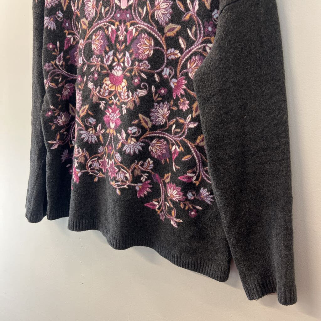 J Jill Grey/ Purple Print Long Sleeve Sweater Top Medium