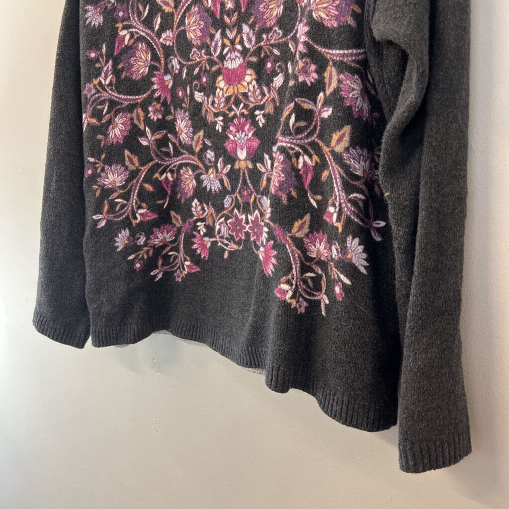 J Jill Grey/ Purple Print Long Sleeve Sweater Top Medium