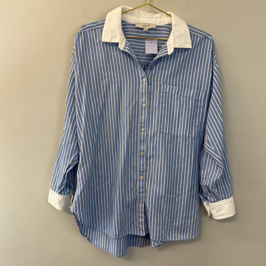 Loft Blue/ White Striped Long Sleeve Button Down Top Large