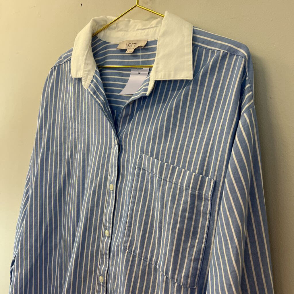 Loft Blue/ White Striped Long Sleeve Button Down Top Large