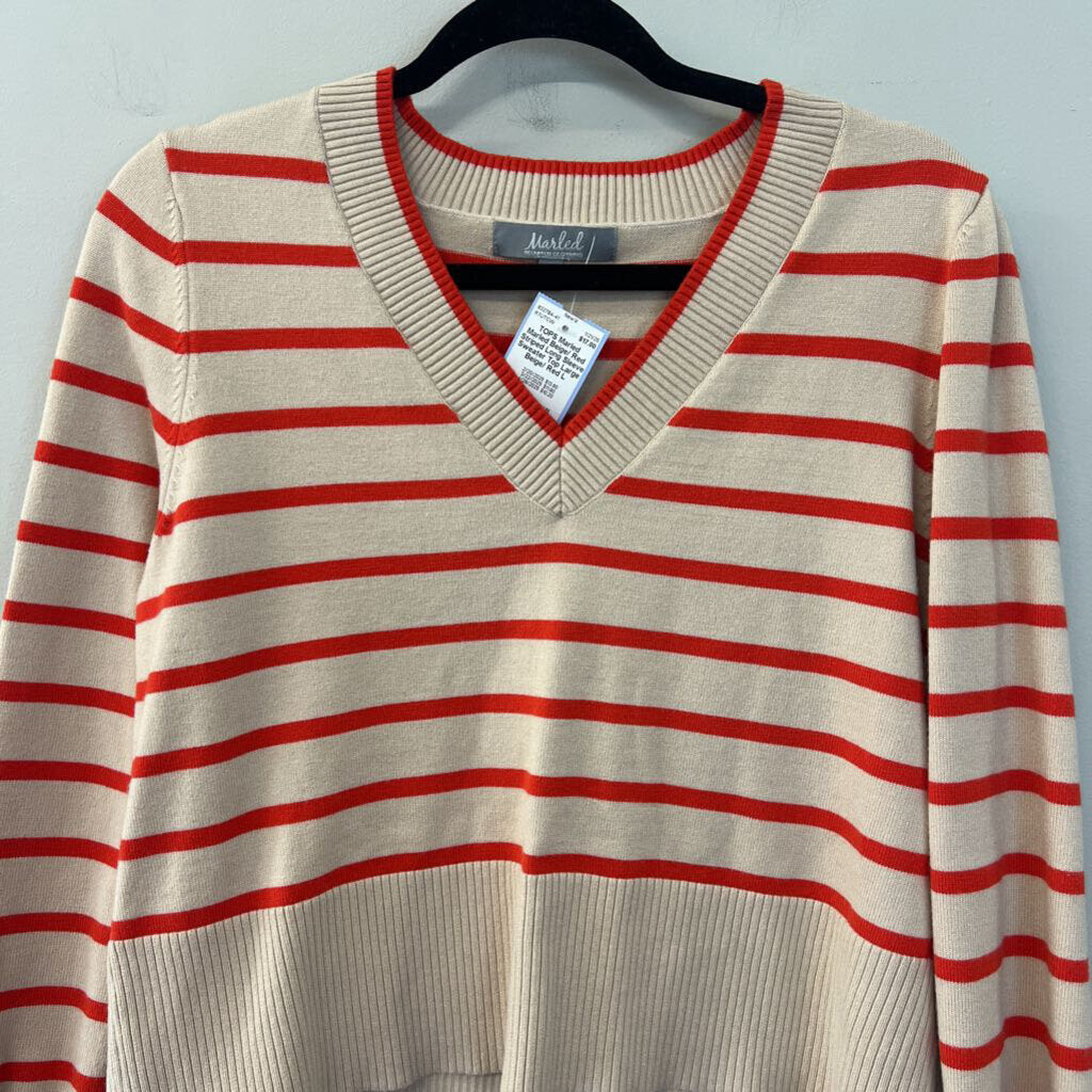 Marled Beige/ Red Striped Long Sleeve Sweater Top Large