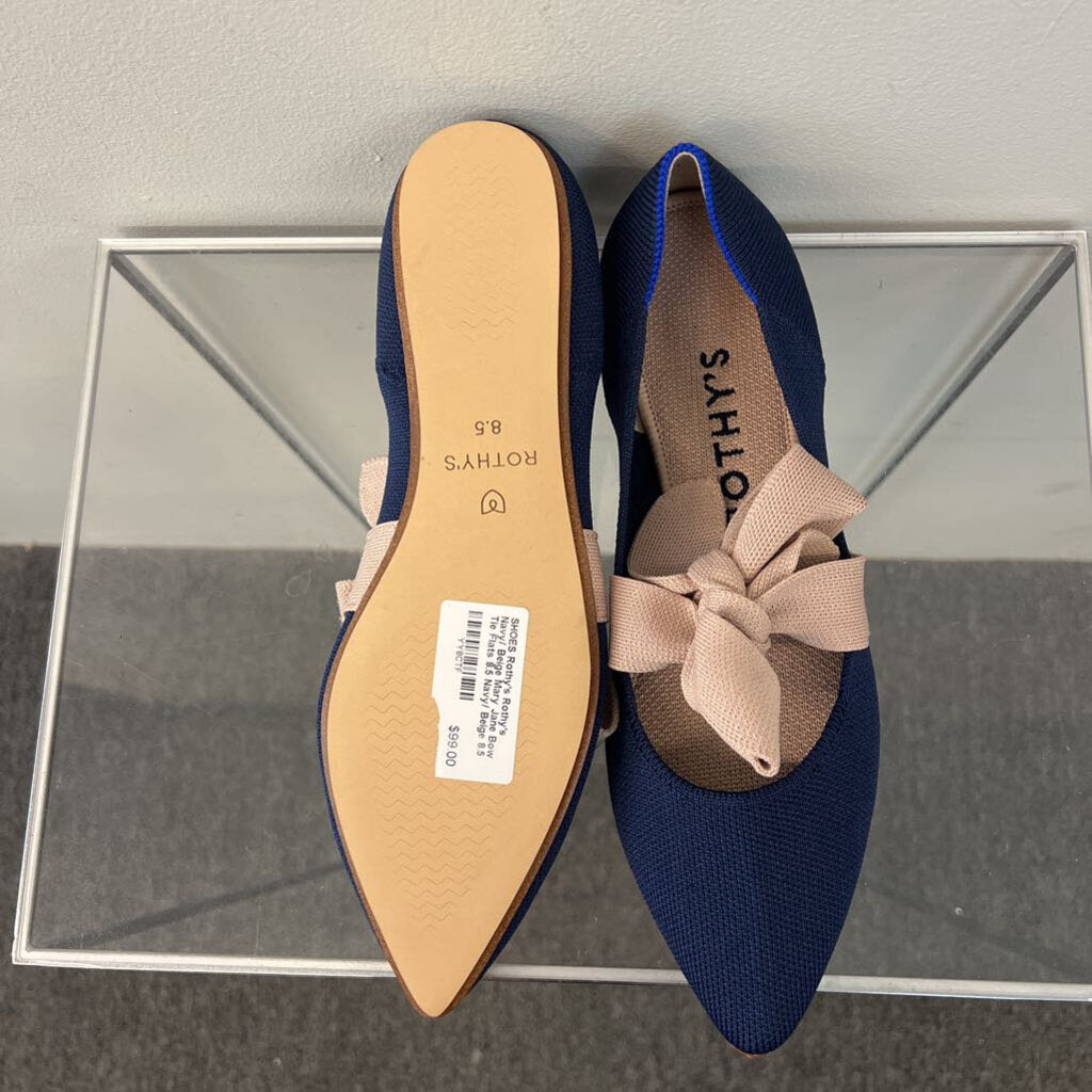 Rothy's Navy/ Beige Mary Jane Bow Tie Flats 8.5