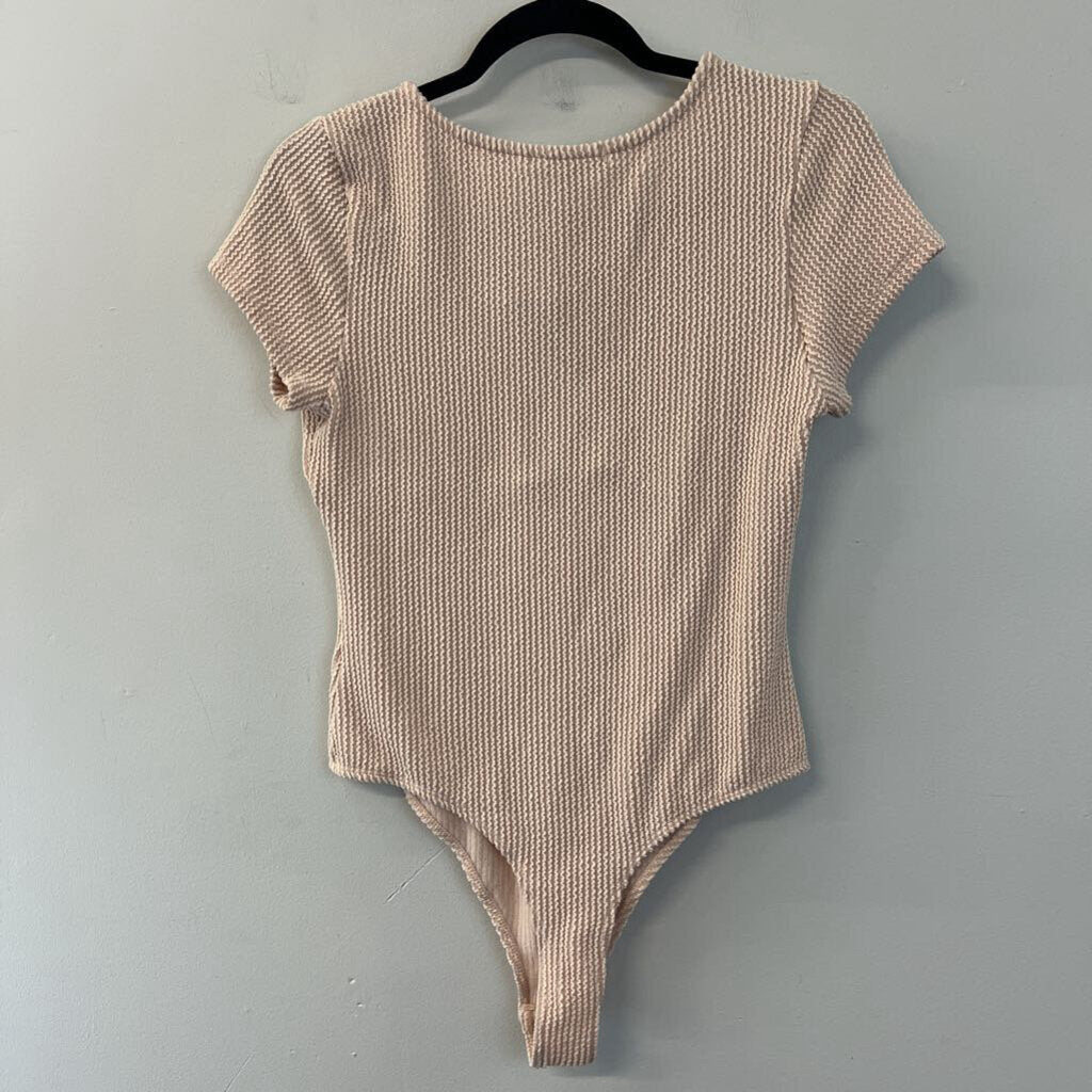 Lulus Beige Textured Short Sleeve Bodysuit Large