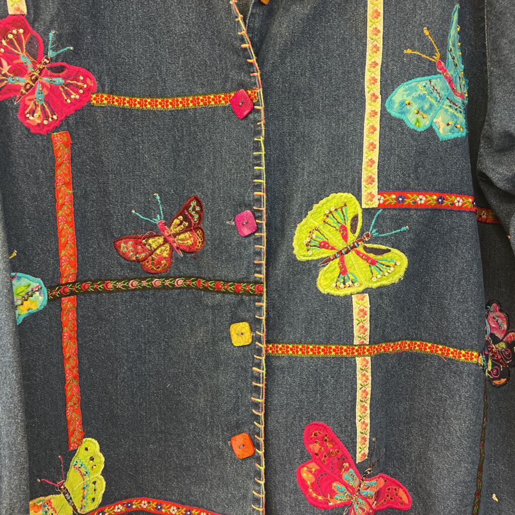 Vintage Life Style Blue Embroidered Denim Button Down Top 3X