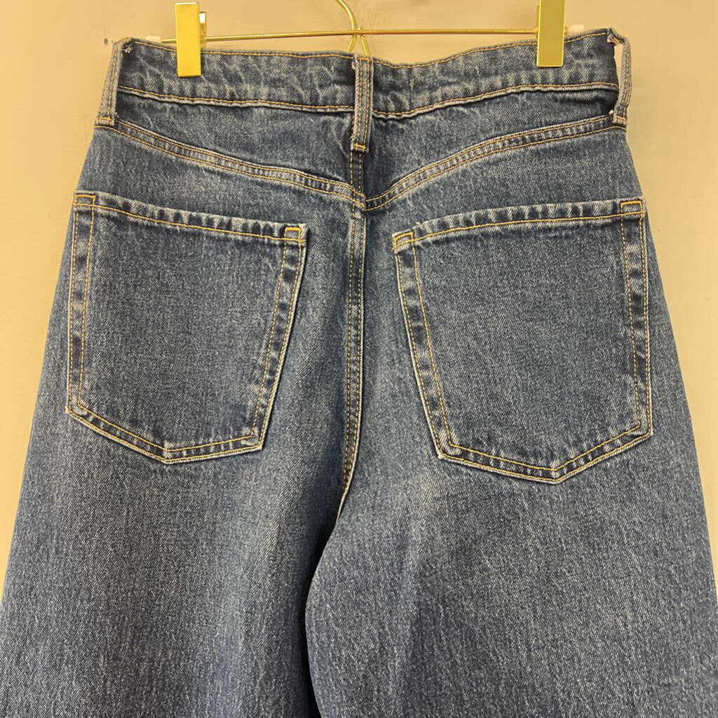 Dark Wash Distressed Camo Patch Wide Leg Denim Jeans Medium