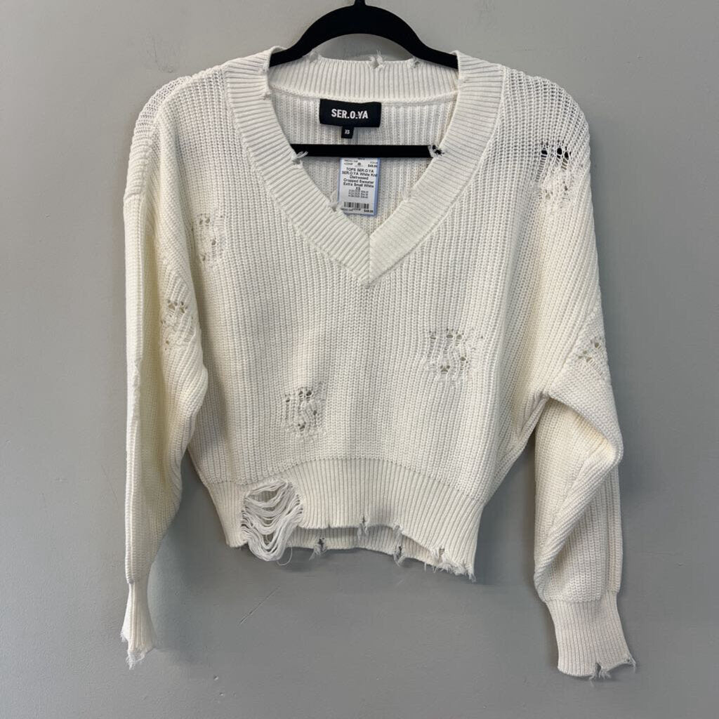 SER.O.YA White Knit Distressed Cropped Sweater Extra Small