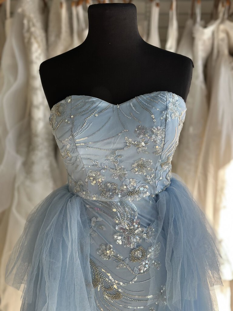 Light Blue Beaded/ Tulle Strapless Long Formal Dress Small