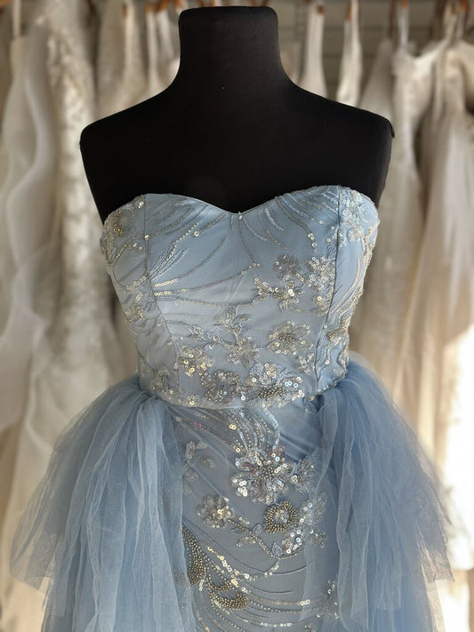 Light Blue Beaded/ Tulle Strapless Long Formal Dress Small