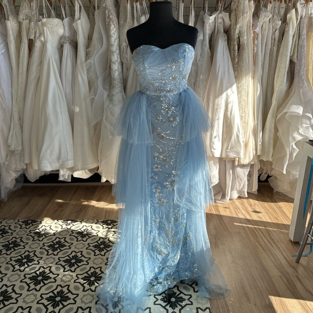 Light Blue Beaded/ Tulle Strapless Long Formal Dress Small