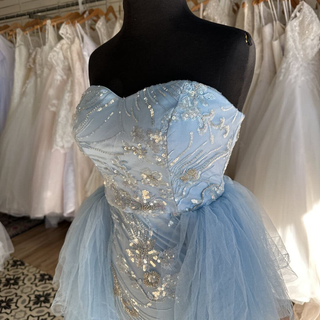 Light Blue Beaded/ Tulle Strapless Long Formal Dress Small