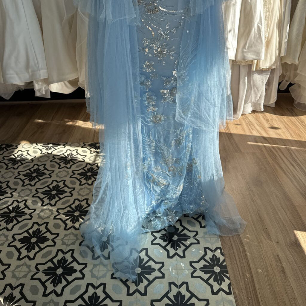 Light Blue Beaded/ Tulle Strapless Long Formal Dress Small