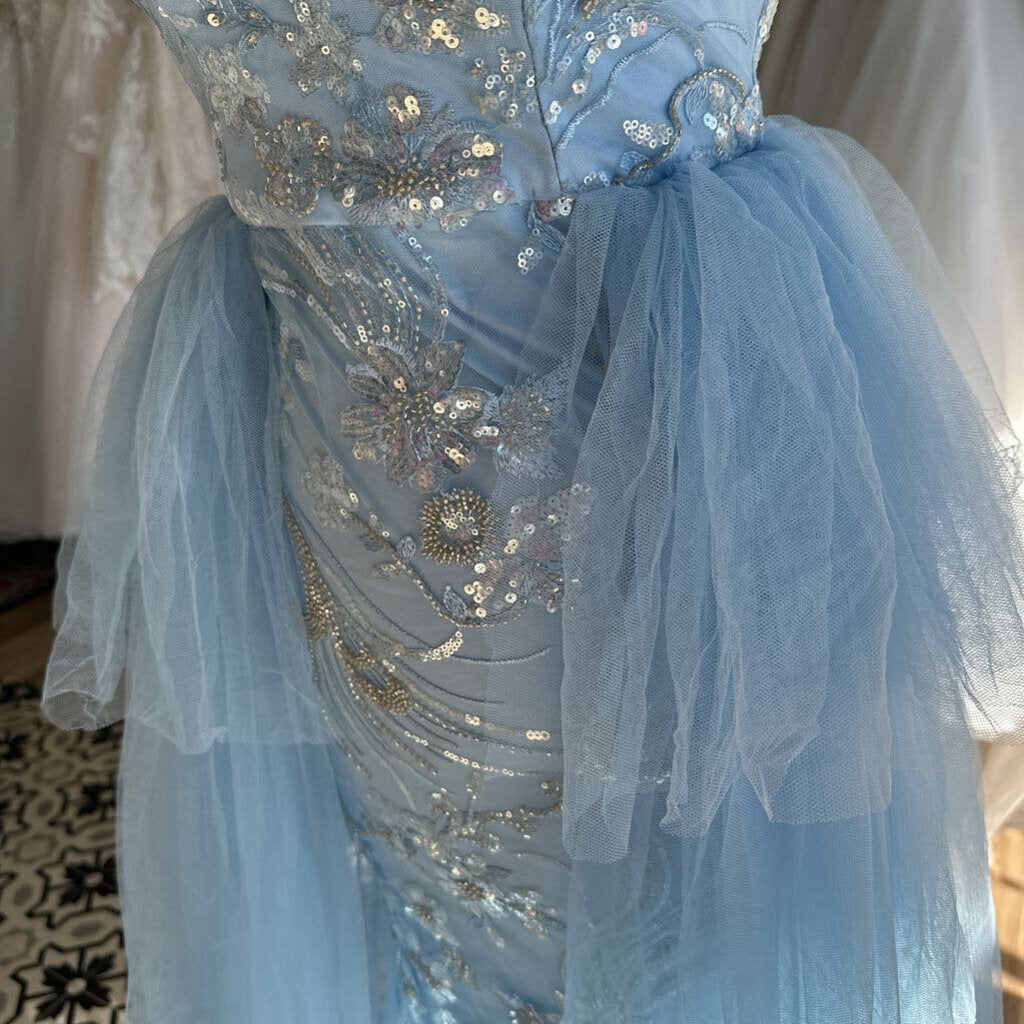 Light Blue Beaded/ Tulle Strapless Long Formal Dress Small