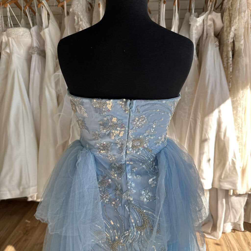 Light Blue Beaded/ Tulle Strapless Long Formal Dress Small