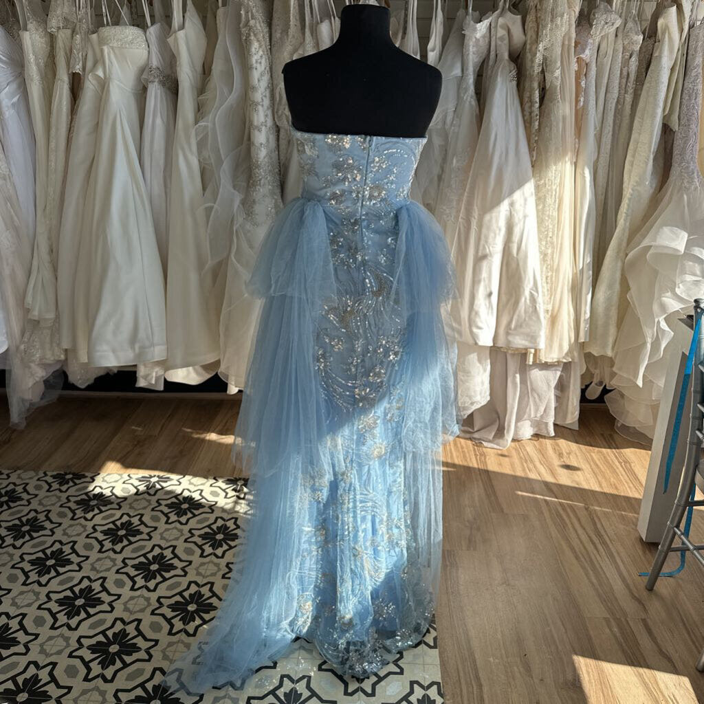 Light Blue Beaded/ Tulle Strapless Long Formal Dress Small