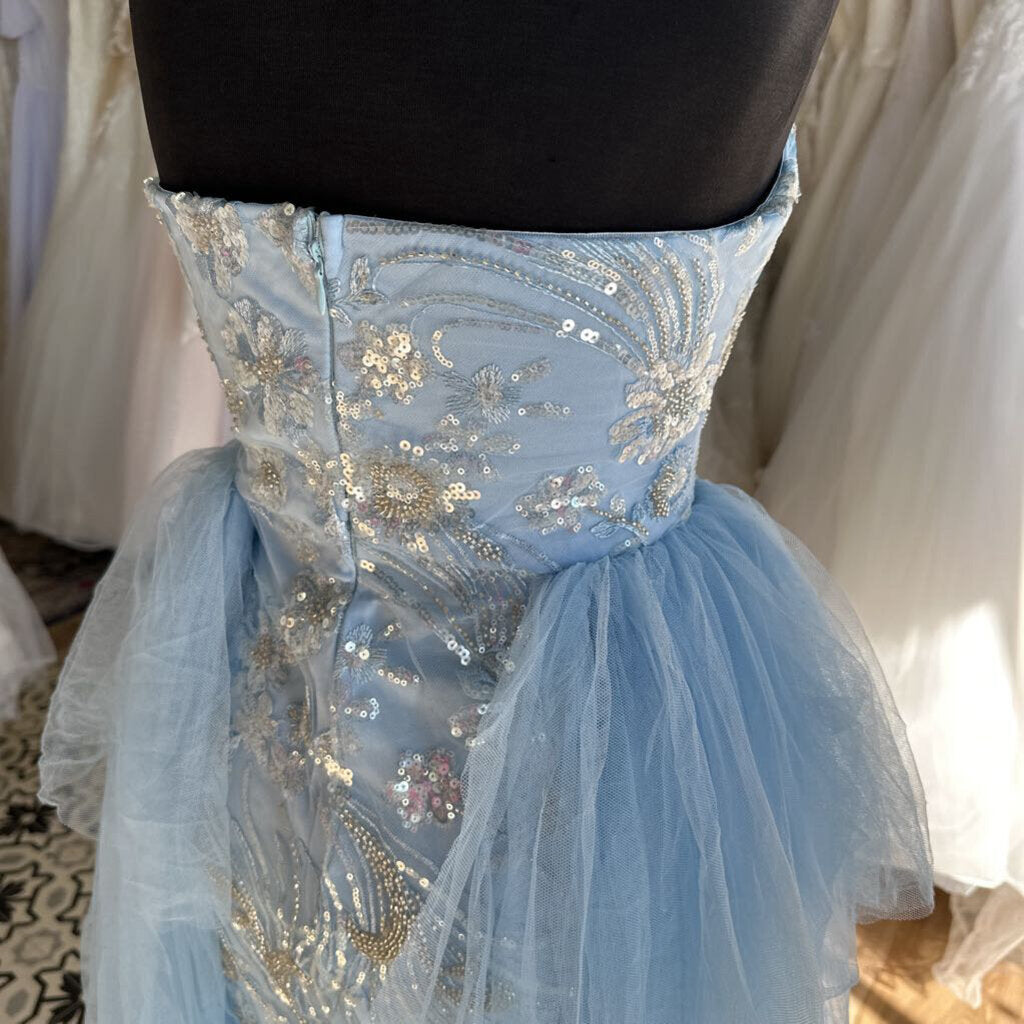 Light Blue Beaded/ Tulle Strapless Long Formal Dress Small
