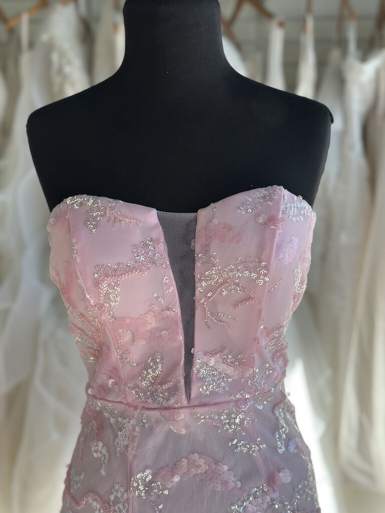 Light Pink Beaded/ Sequin Strapless Long Formal Dress Medium