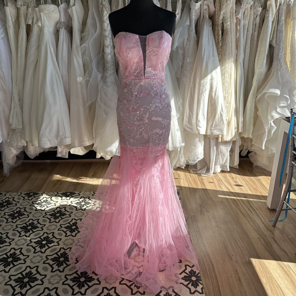 Light Pink Beaded/ Sequin Strapless Long Formal Dress Medium