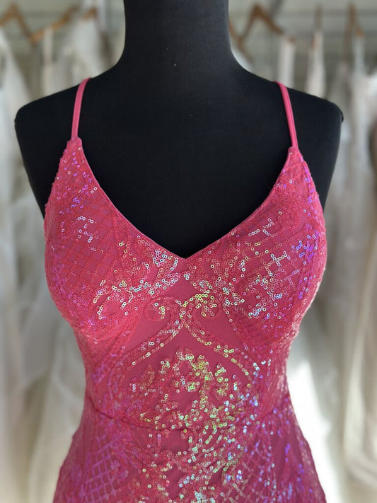 Neon Pink Sequin Lace Up Back Long Formal Dress Medium