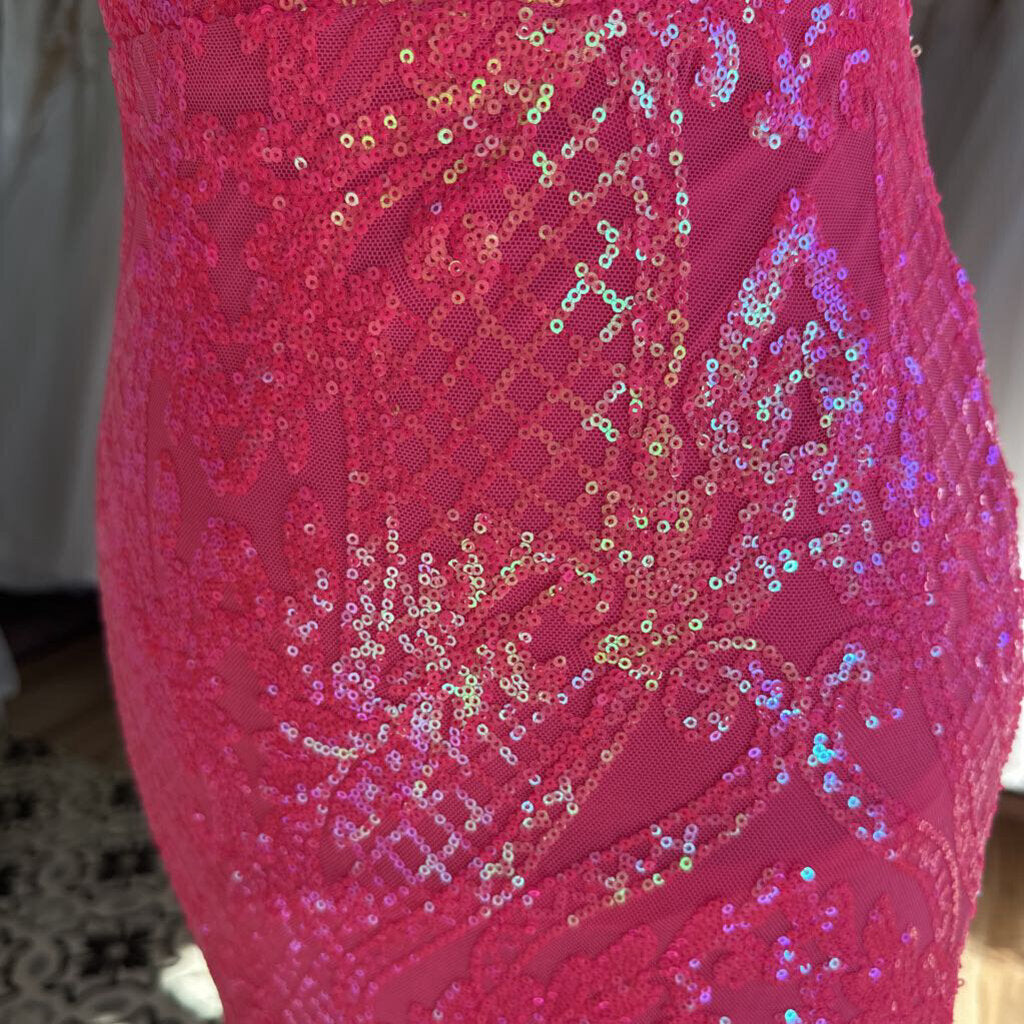 Neon Pink Sequin Lace Up Back Long Formal Dress Medium
