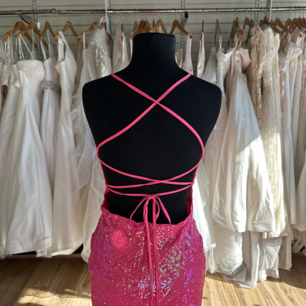 Neon Pink Sequin Lace Up Back Long Formal Dress Medium