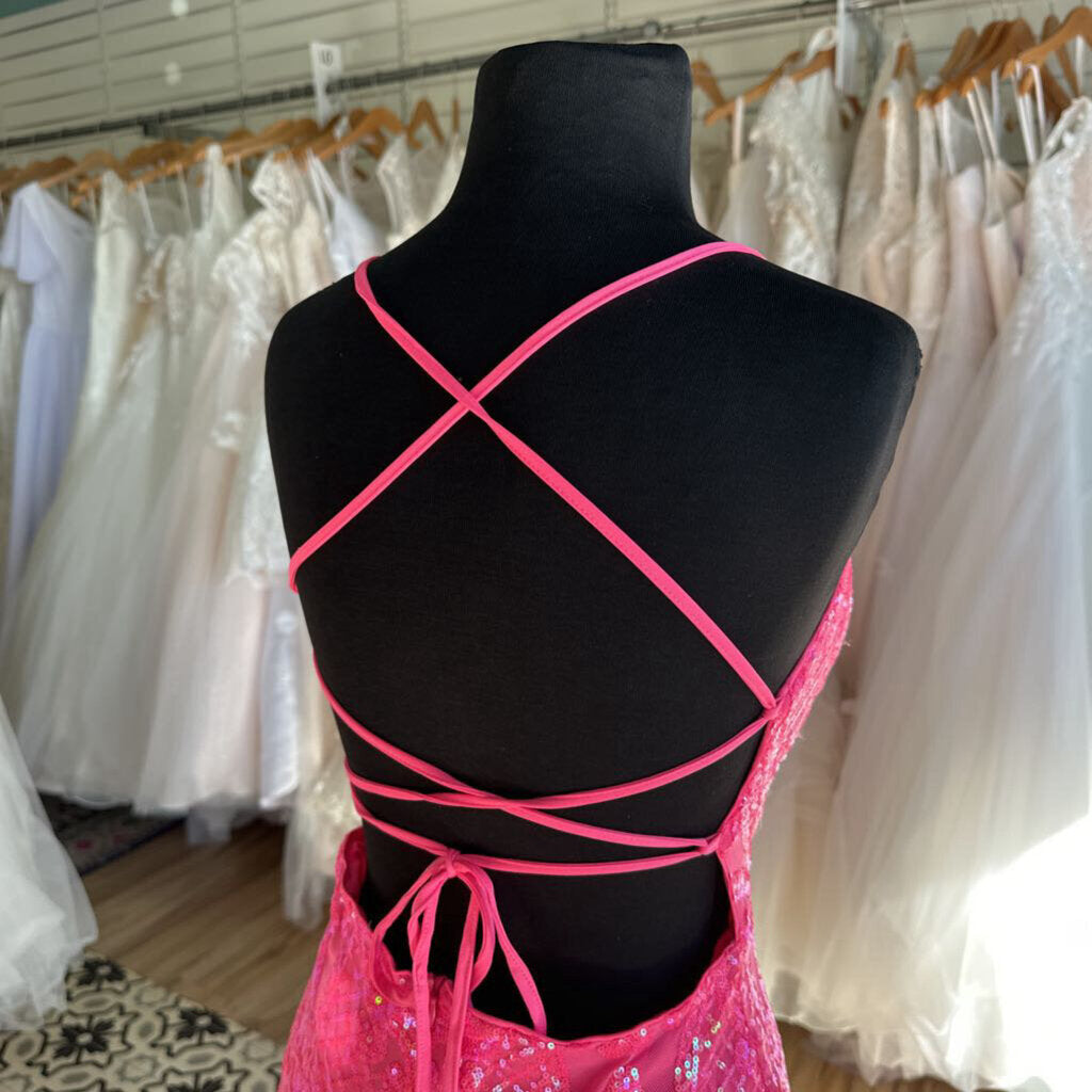 Neon Pink Sequin Lace Up Back Long Formal Dress Medium