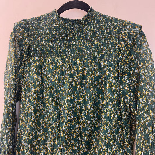 Free People Green Flower Print Smocked Top Long Sleeve Top Large