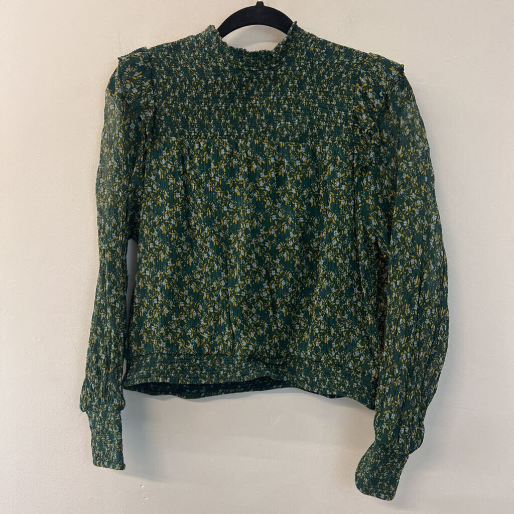 Free People Green Flower Print Smocked Top Long Sleeve Top Large