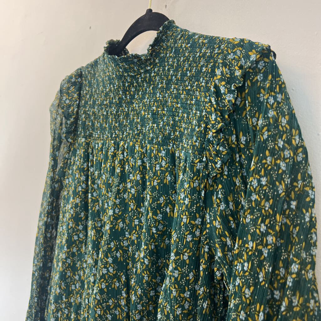 Free People Green Flower Print Smocked Top Long Sleeve Top Large