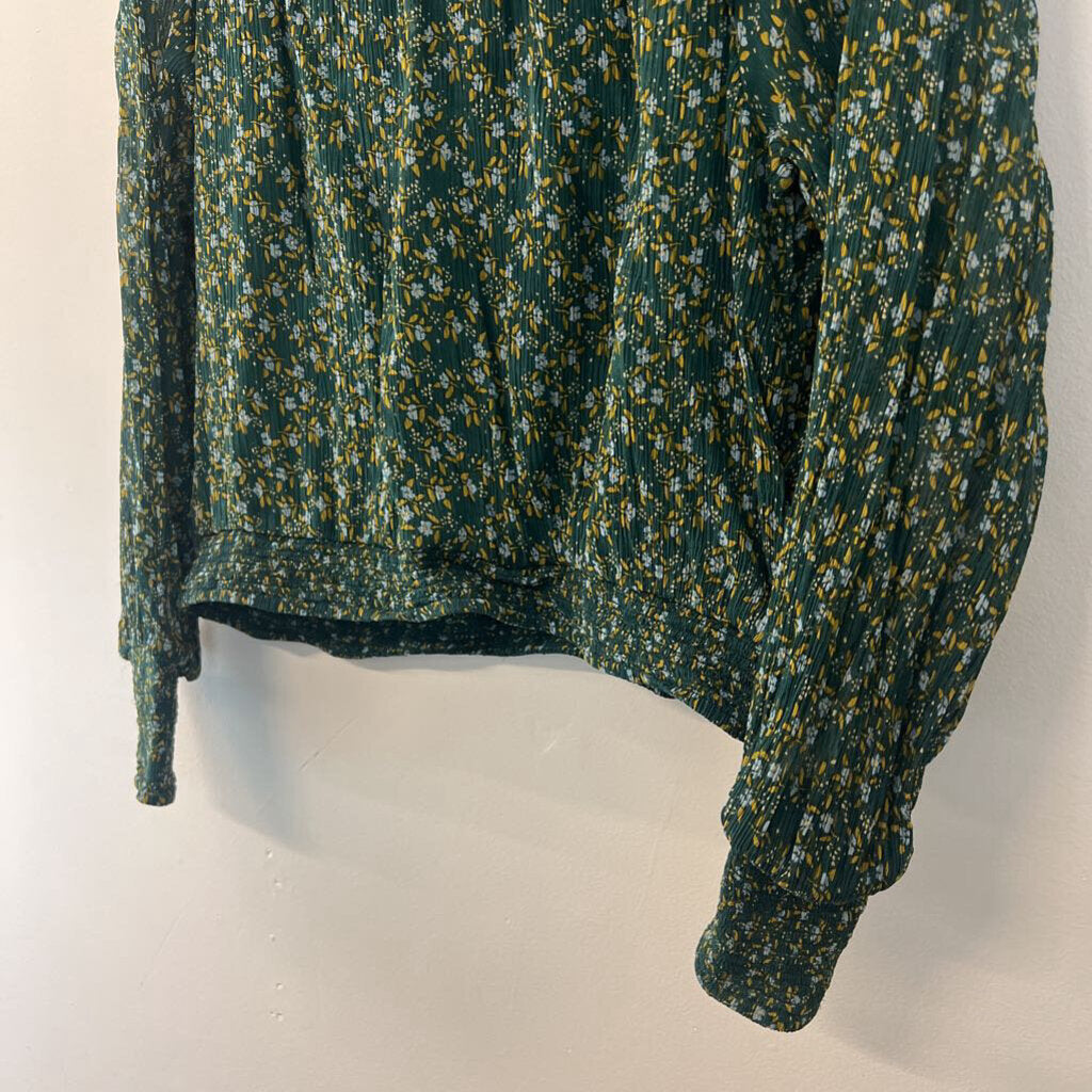 Free People Green Flower Print Smocked Top Long Sleeve Top Large