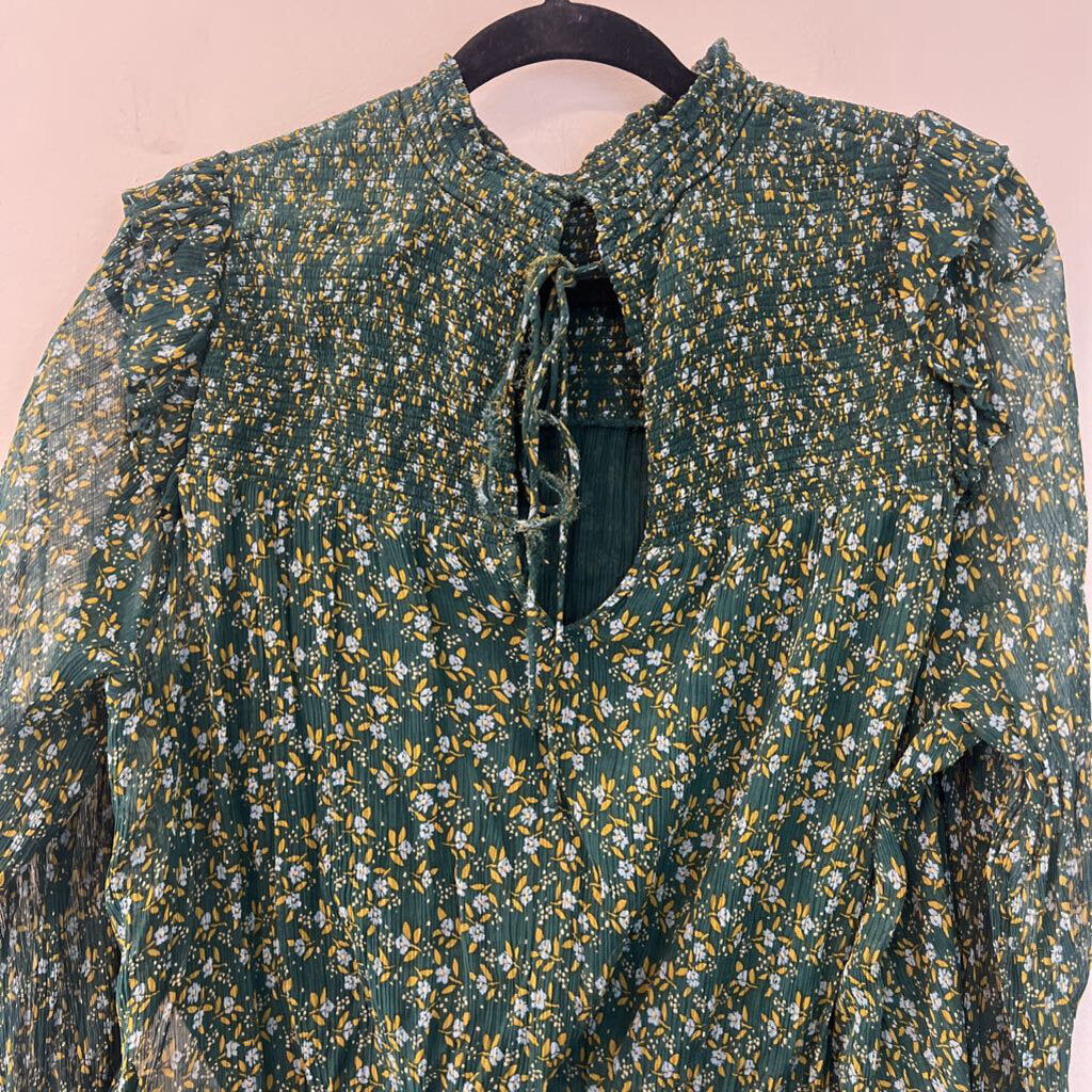 Free People Green Flower Print Smocked Top Long Sleeve Top Large