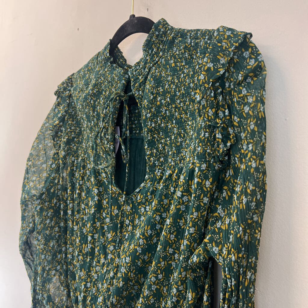 Free People Green Flower Print Smocked Top Long Sleeve Top Large