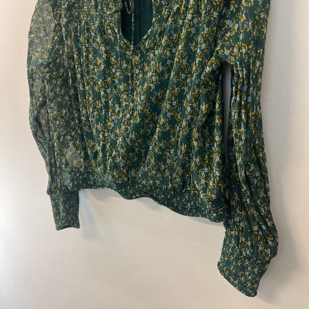 Free People Green Flower Print Smocked Top Long Sleeve Top Large