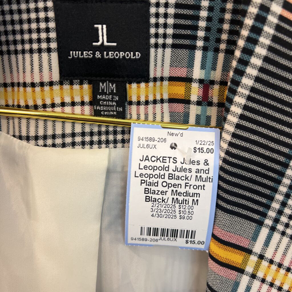 Jules and Leopold Black/ Multi Plaid Open Front Blazer Medium