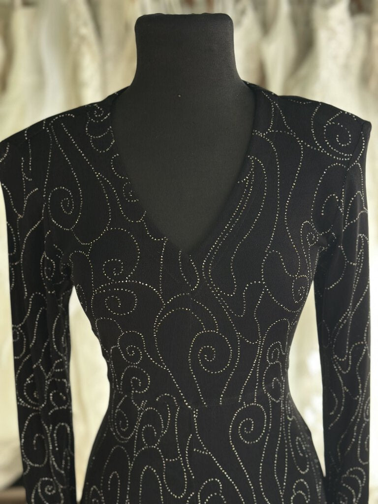 Vintage Rabbit Designs Black/ Silver Sparkle Long Sleeve Long Formal Dress Small