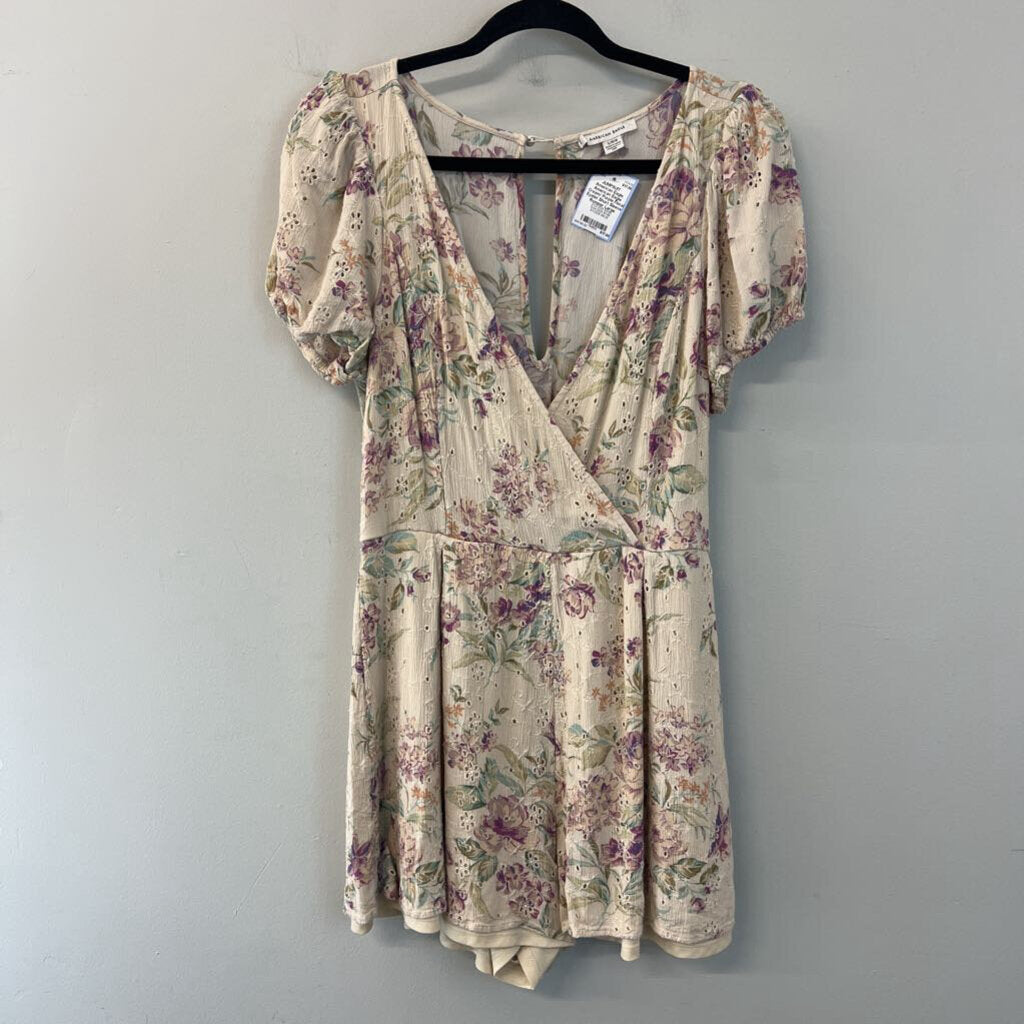 American Eagle Cream/ Purple Floral Eyelet Short Sleeve Romper Large