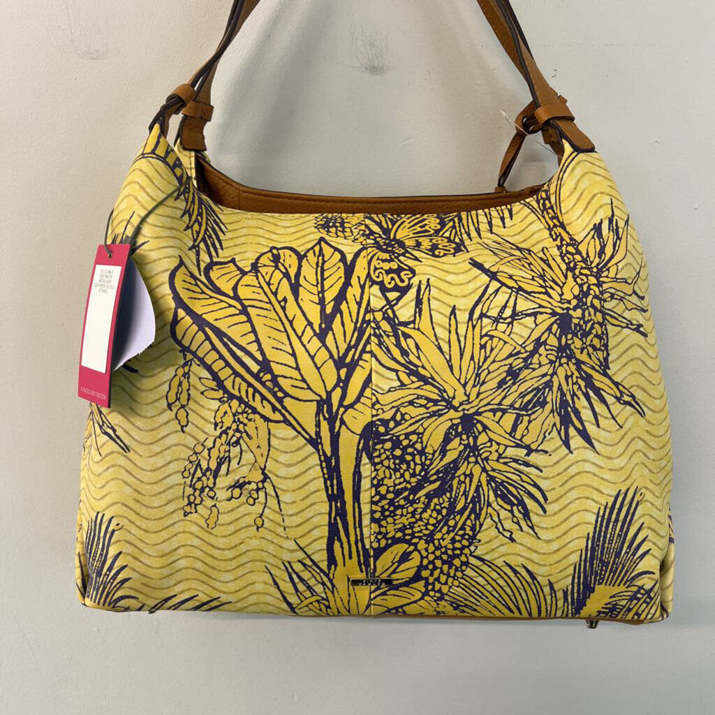 Vince Camuto Yellow Tropical Print Leather Tania Tote Purse