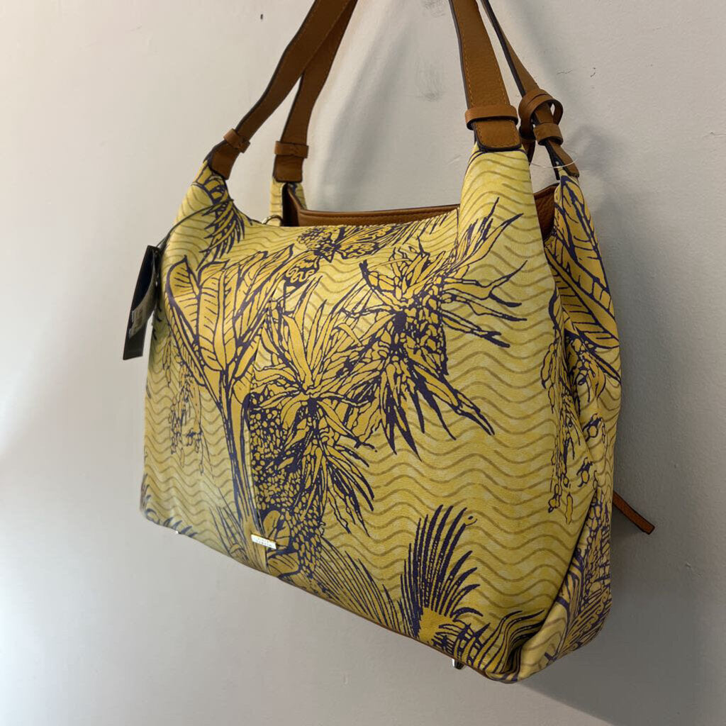 Vince Camuto Yellow Tropical Print Leather Tania Tote Purse