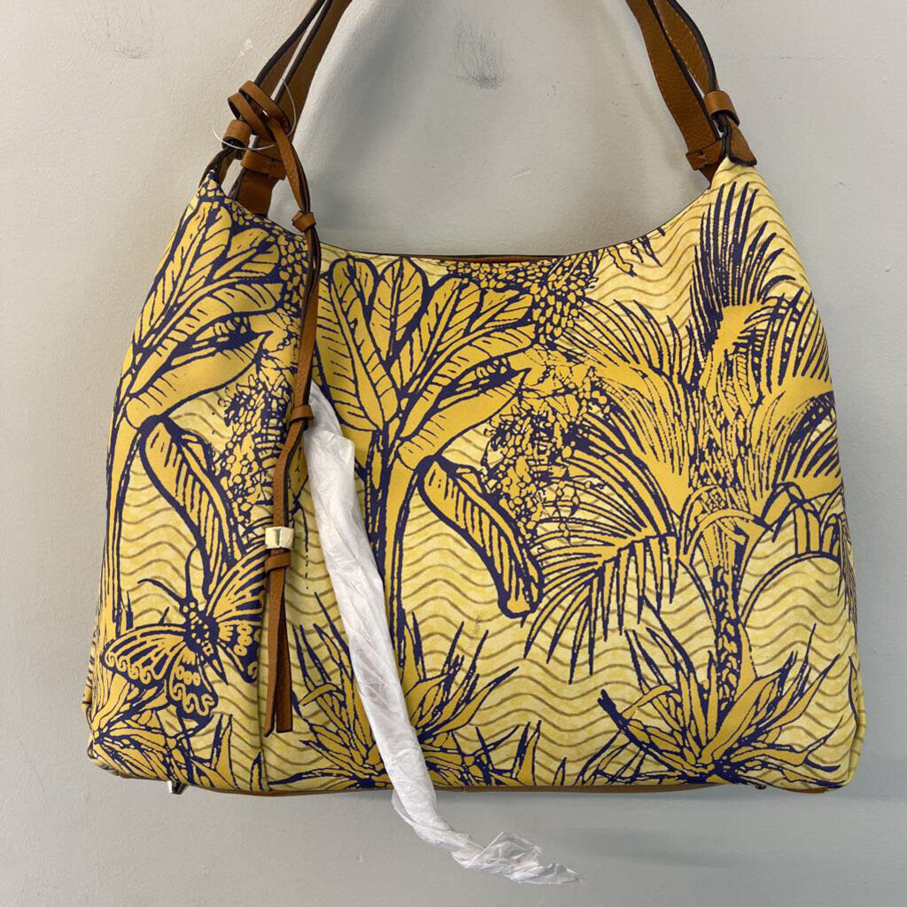 Vince Camuto Yellow Tropical Print Leather Tania Tote Purse