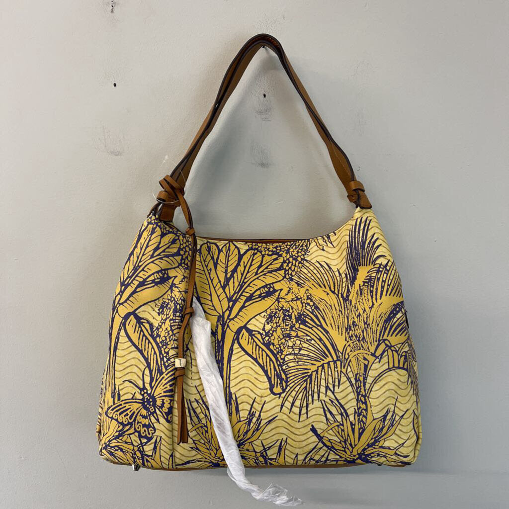 Vince Camuto Yellow Tropical Print Leather Tania Tote Purse